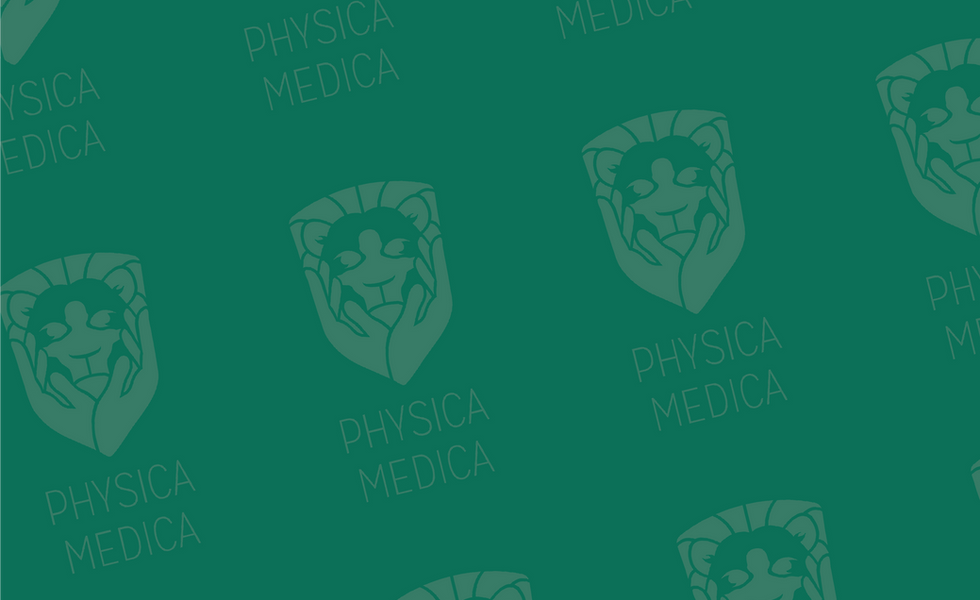 Teal green background with faded Physica Medica lion logo pattern used as hero banner